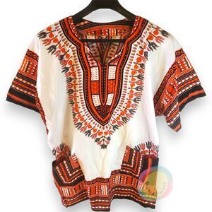 Dashiki Tunic Shirt Unisex XL White Black Orange Angelina Print Boho Hippie Top